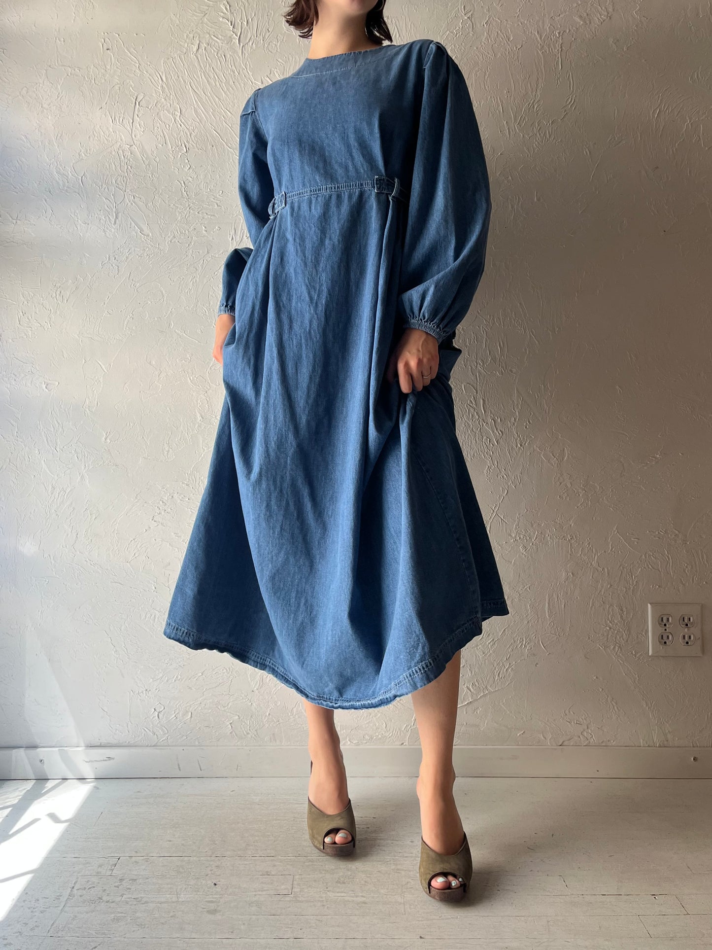 Y2k 'My Magazin' Denim Prairie Cottagecore Long Sleeve Maxi Dress / Vintage 2000s Western Cowgirl Dress