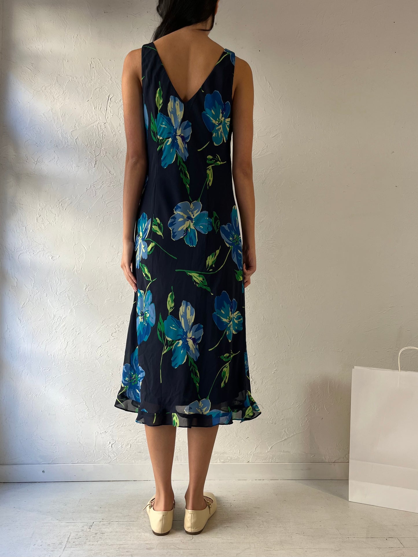 90s ‘DJ Summers’ Blue Floral Print Dress / Medium - Large