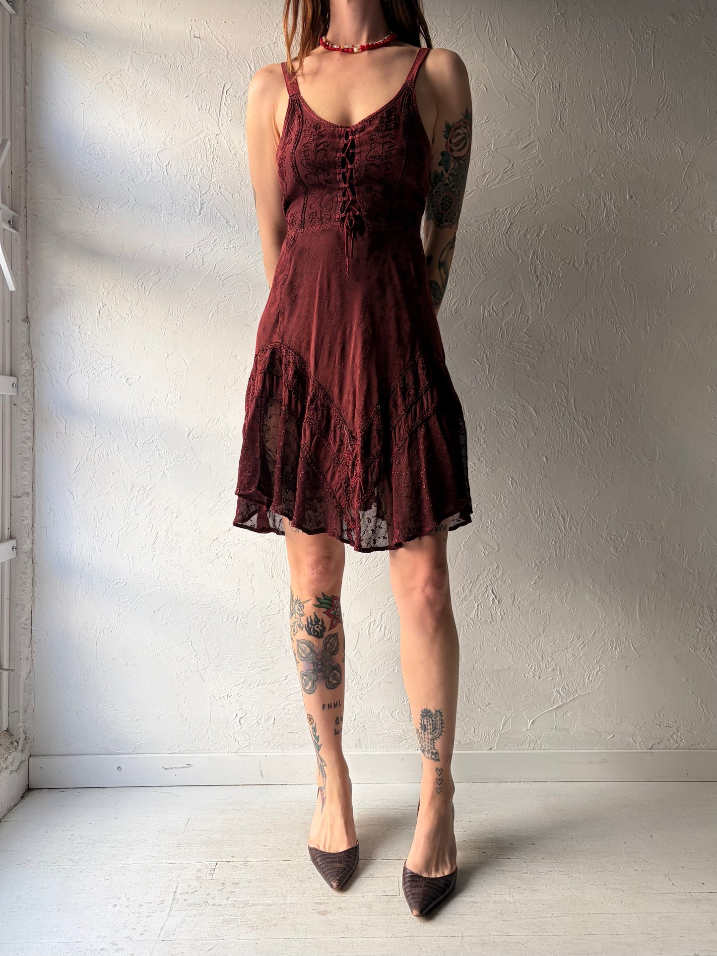 Y2k 'My Choice' Burgundy Fairycore Summer Dress / Vintage 2000s Boho Hippie Mini Dress / Large