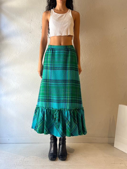 70s 'Arola' Green Plaid Maxi Skirt / Small