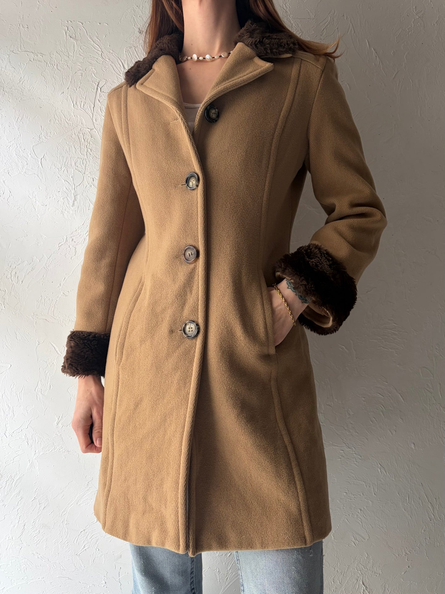 Y2k 'Kookai' Tan Faux Fur Preppy Academia Double Breasted Coat / Small