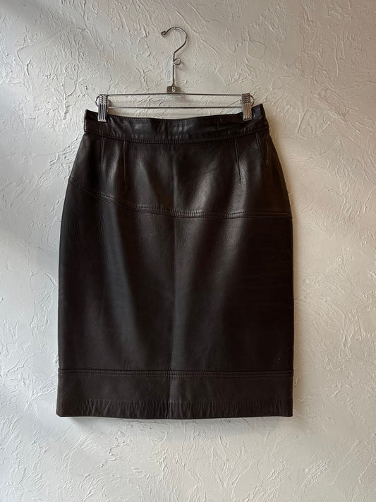 Vintage Brown Leather Skirt / Medium