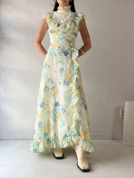 Vintage Floral Print Prairie Maxi Dress / Small