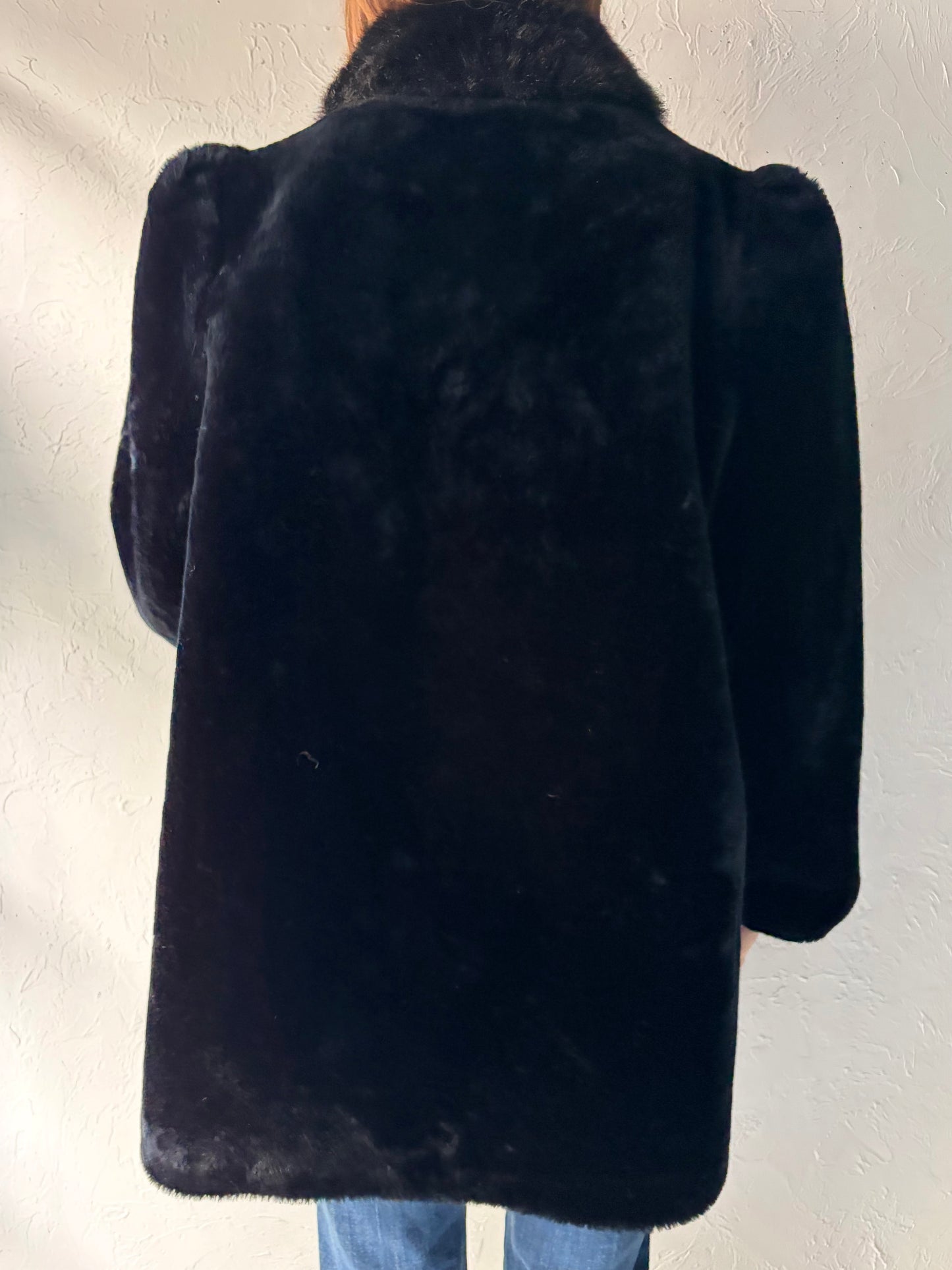 90s 'Jordache' Black Faux Fur Jacket / Medium - Large