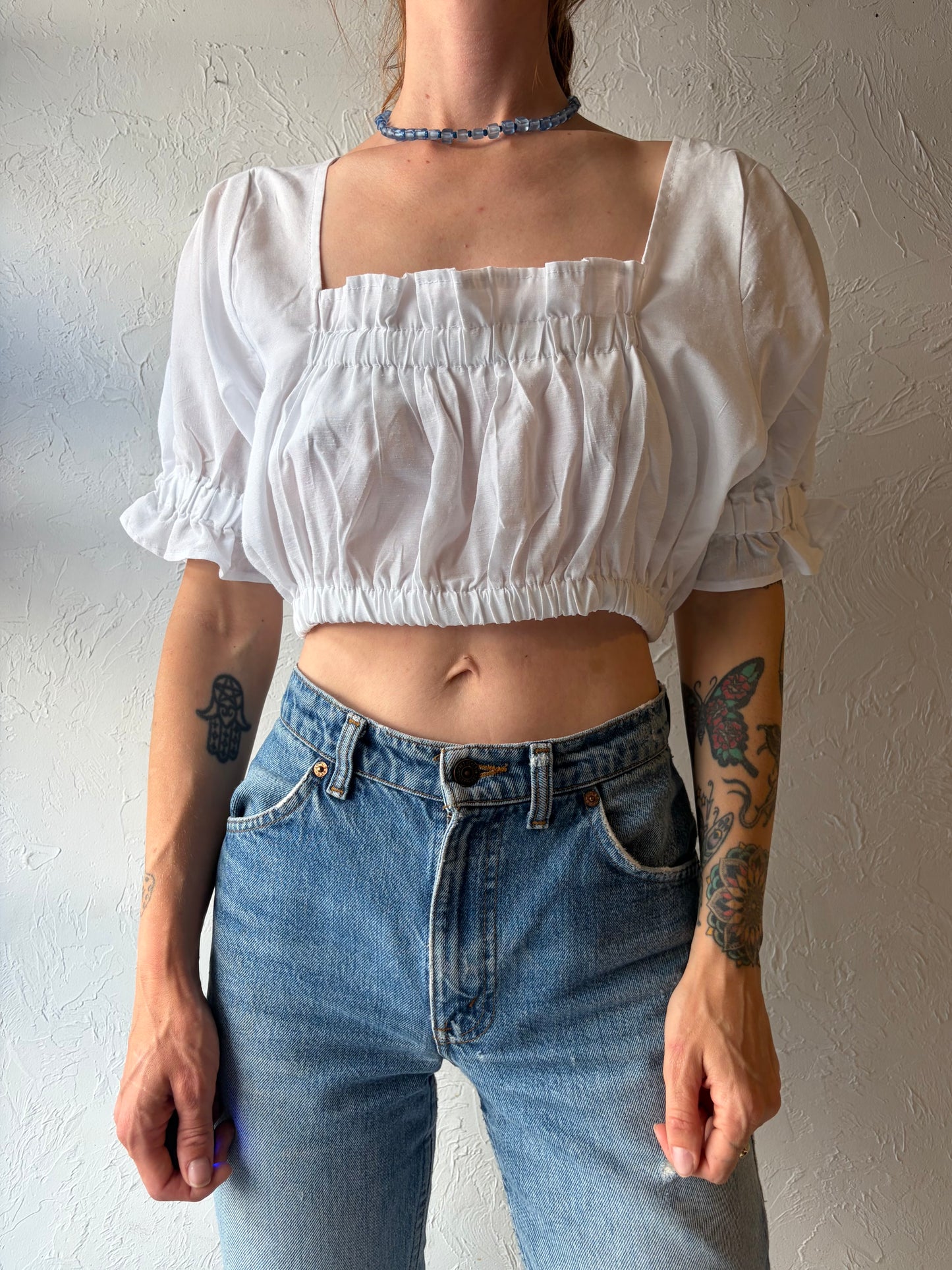 Vintage White Peasant Style Cotton Crop Top / Medium