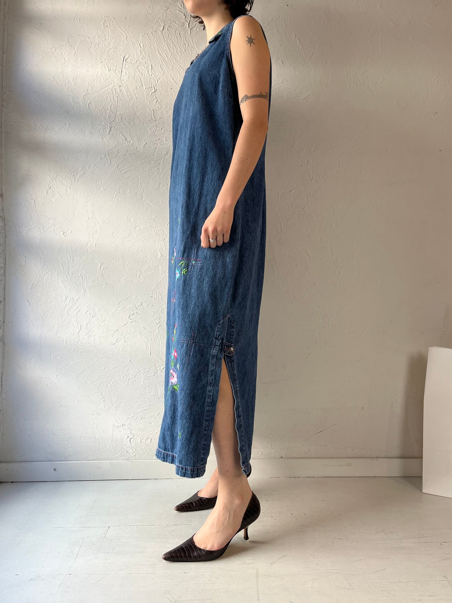 90s 'Studio Ease' Embroidered Denim Maxi Dress / Large