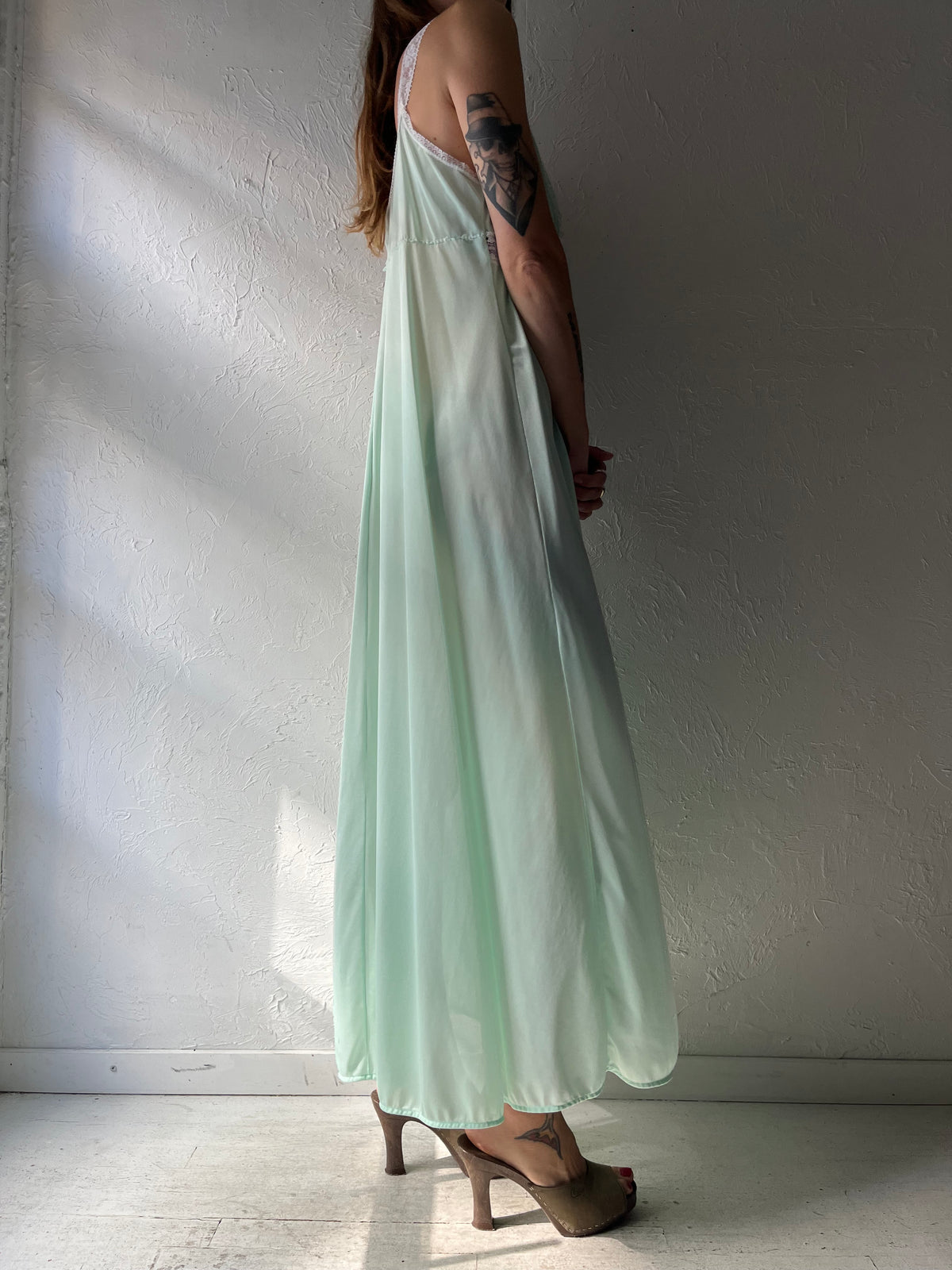 70s 'Lou Lee' Mint Green Romantic Cottagecore Slip Nightgown Maxi Dress / Medium