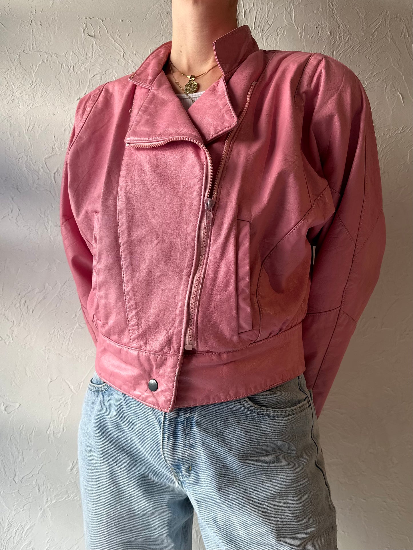 80s 90s 'Champion' Pink Leather Bomber Jacket / Small