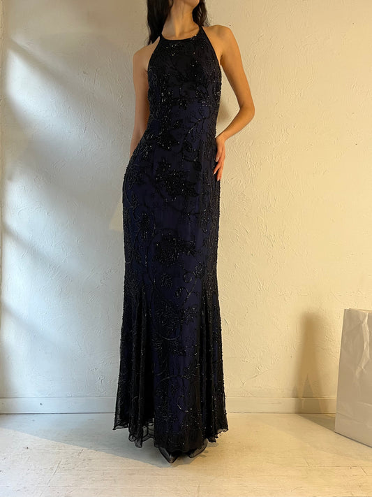 Y2K ‘Sean Collection’ Navy Blue Beaded Formal Dress / Large