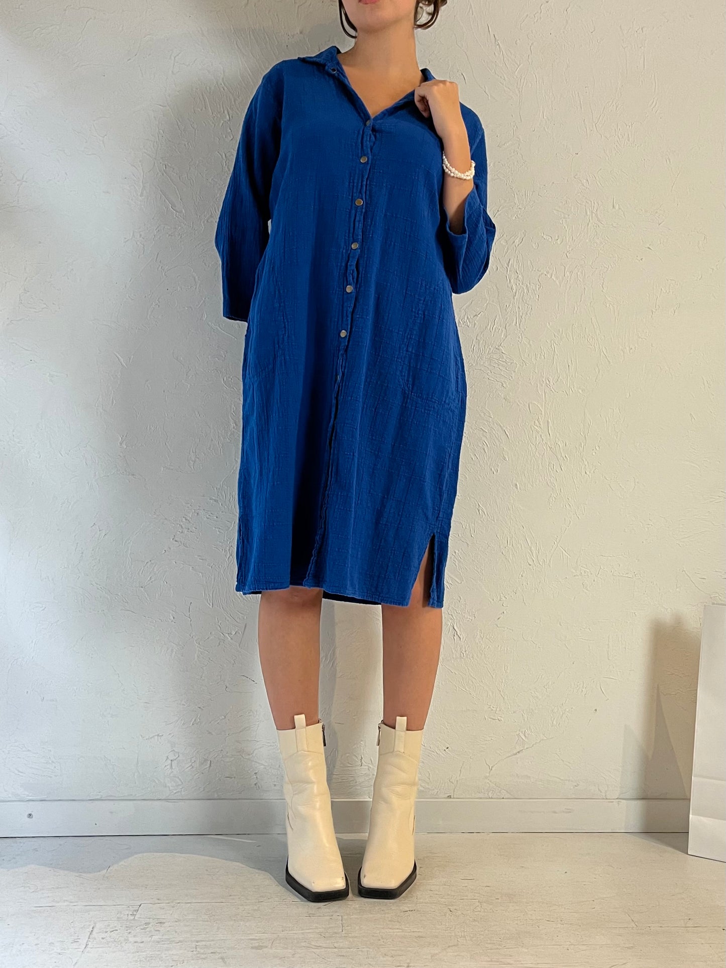 90s 'Ezzewear' Blue Snap Up Midi Dress / Medium