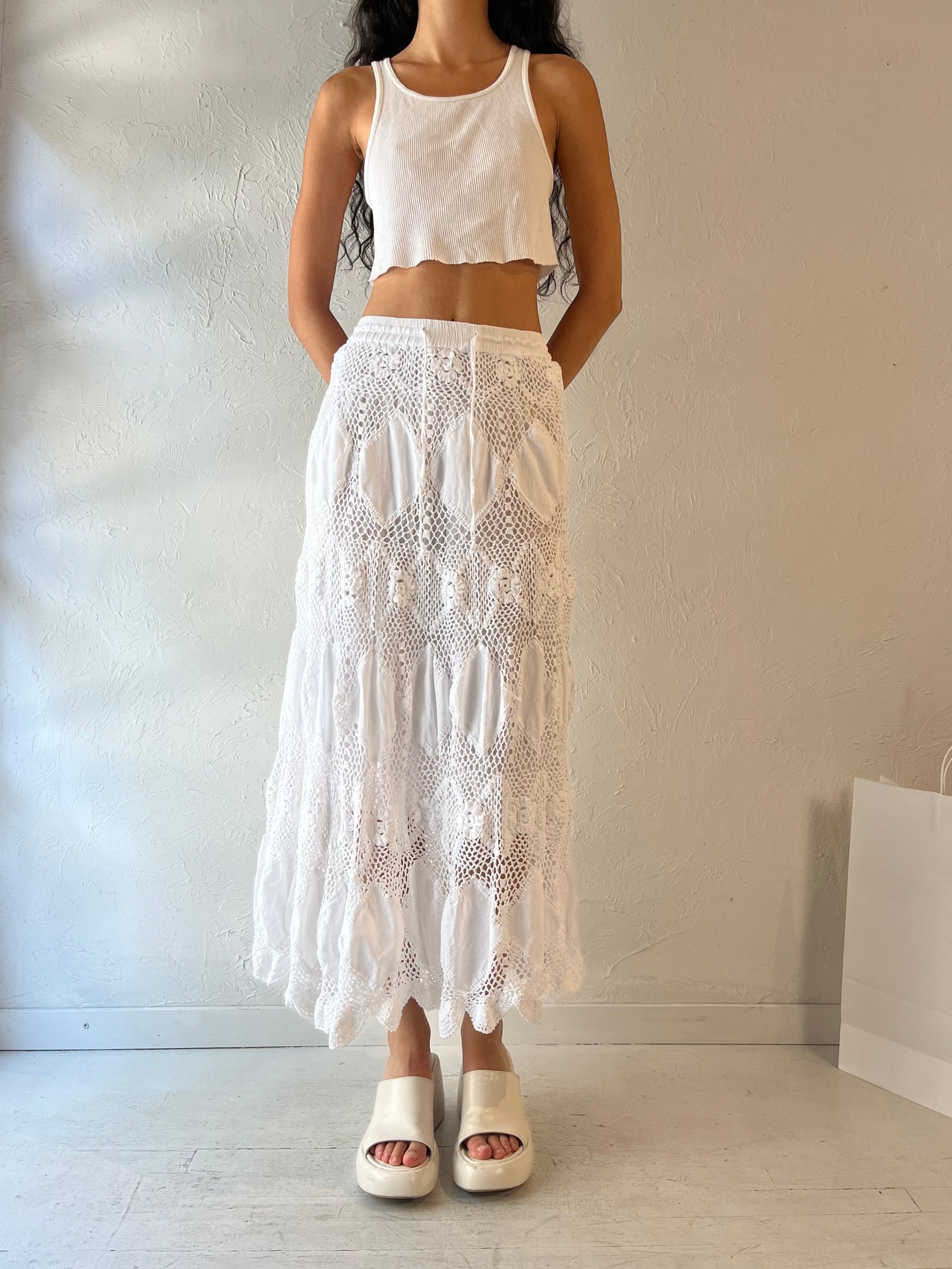 Y2k 'Baja Clothing' White Cotton Crochet Maxi Skirt / Small