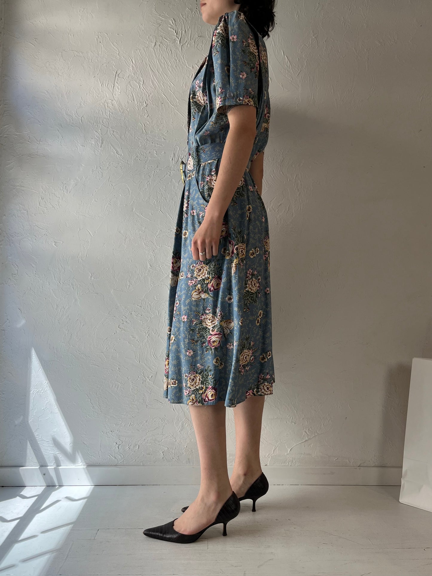 80s 'SL Petites' Blue Floral Print Collared Dress / Medium