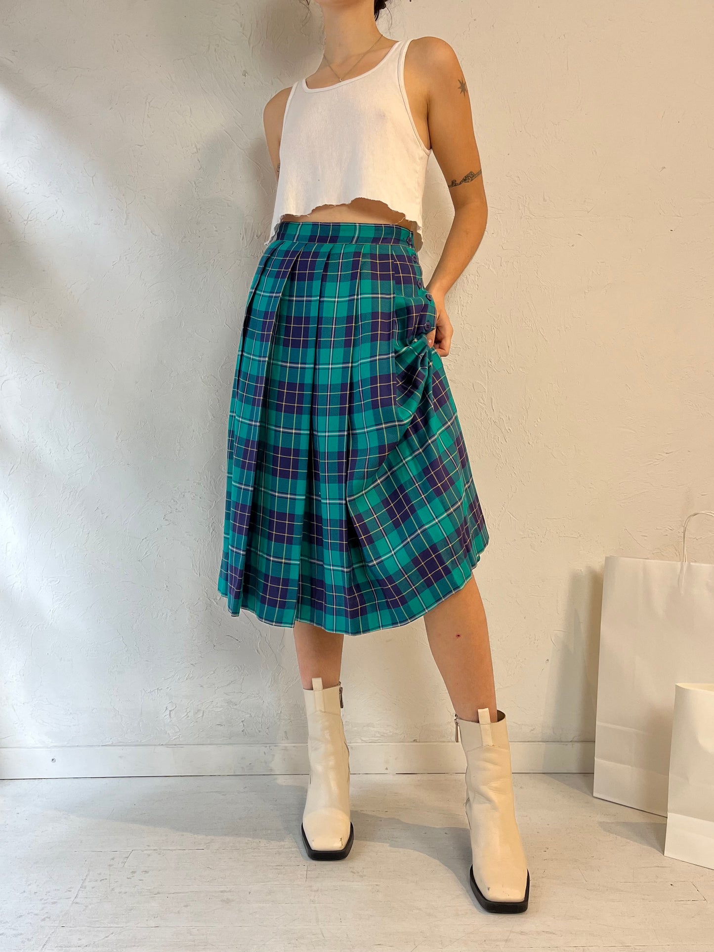 80s 'The Villagers' Teal Plaid Pleated Skirt / Small