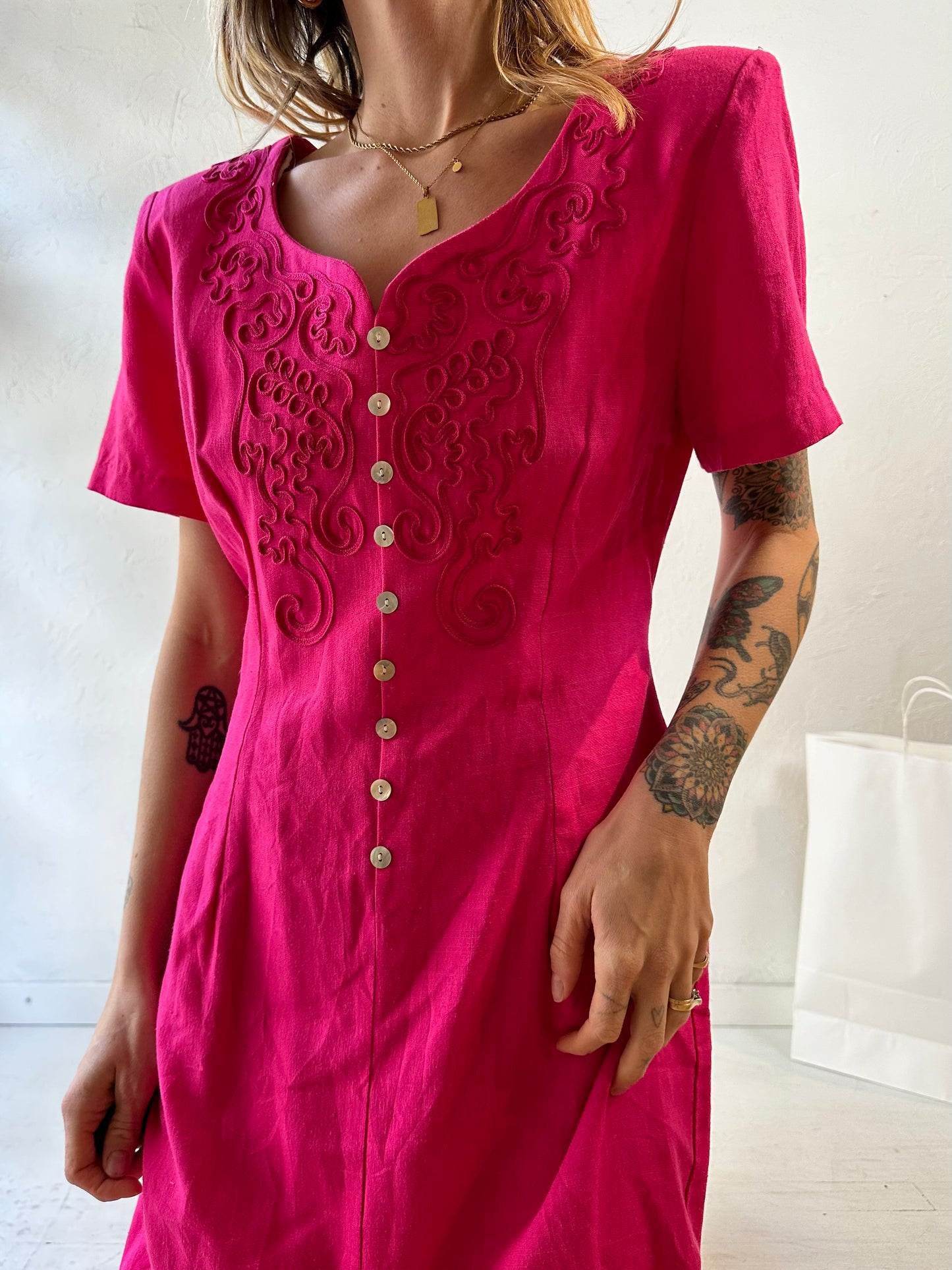 80s 'Dawn Joy' Hot Pink Linen Rayon Maxi Dress / Large