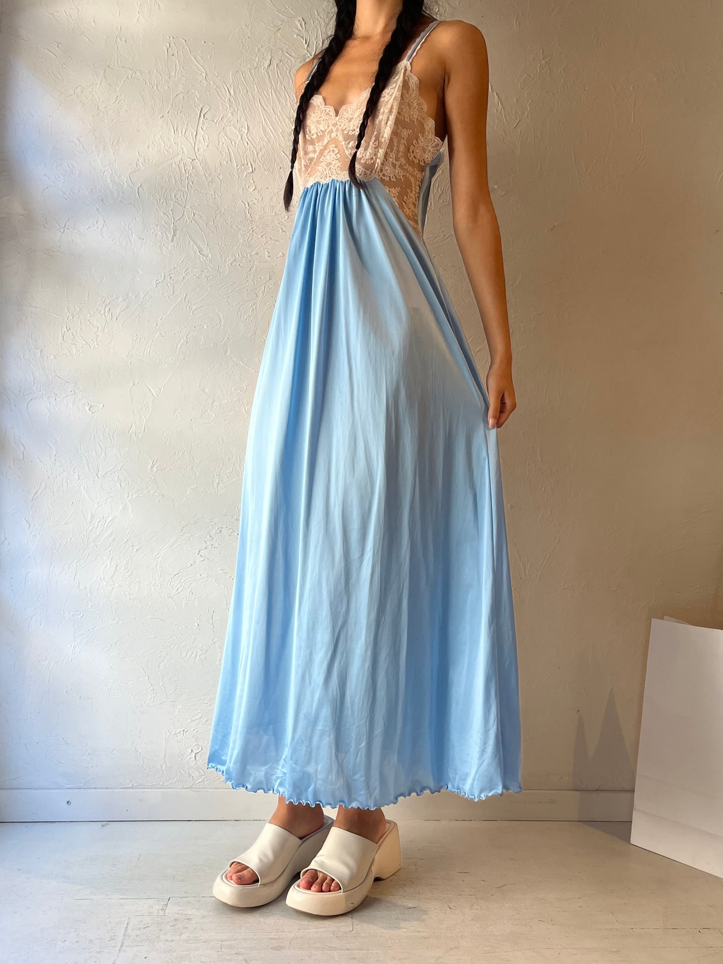 80s 'Van Realt' Blue Lacey Lingerie Slip Dress / Small