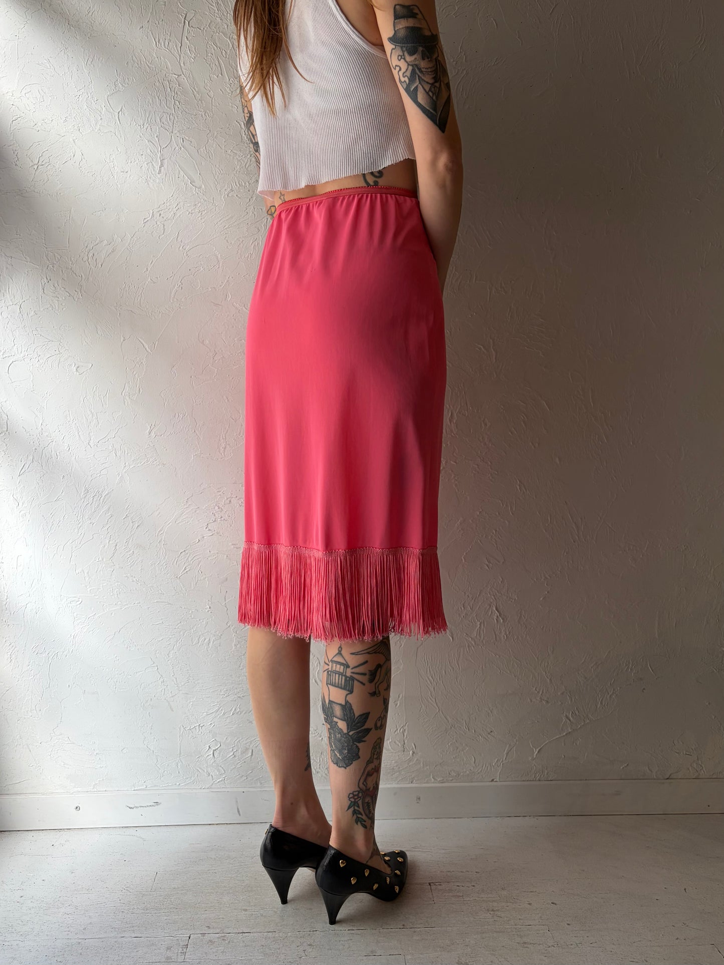 70s Pink Fringe Lingerie Flapper Slip Skirt / Small
