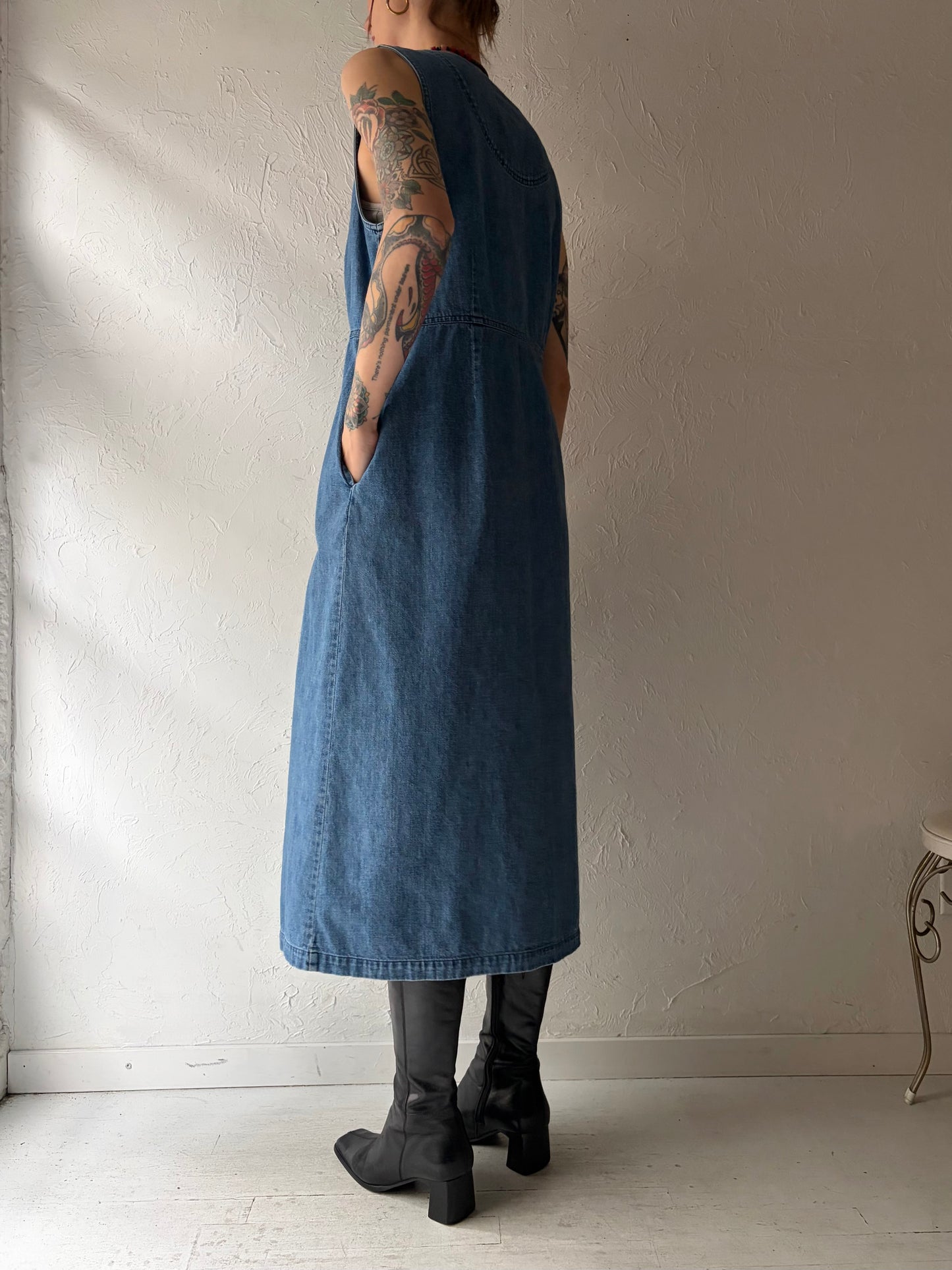 90s 'LL Bean' Vintage Denim Sleeveless Midi Dress / Medium