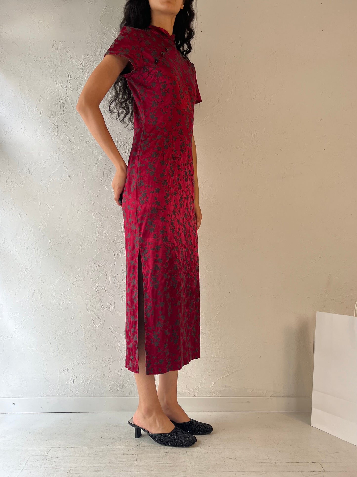 90s 'Amoretti' Red Embroidered Floral Dress / Small - Medium