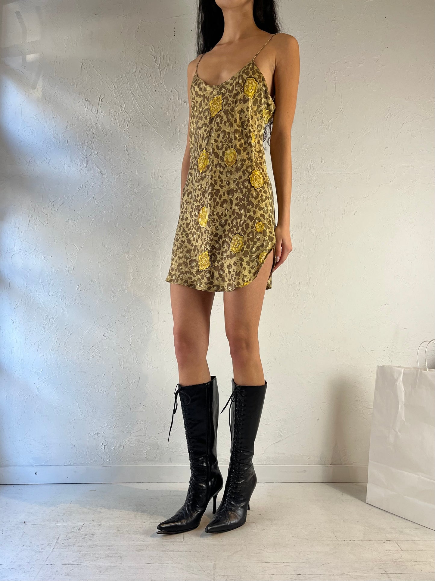 90s 'Victoria Secret' Patterned Silk Mini Slip Dress / Small