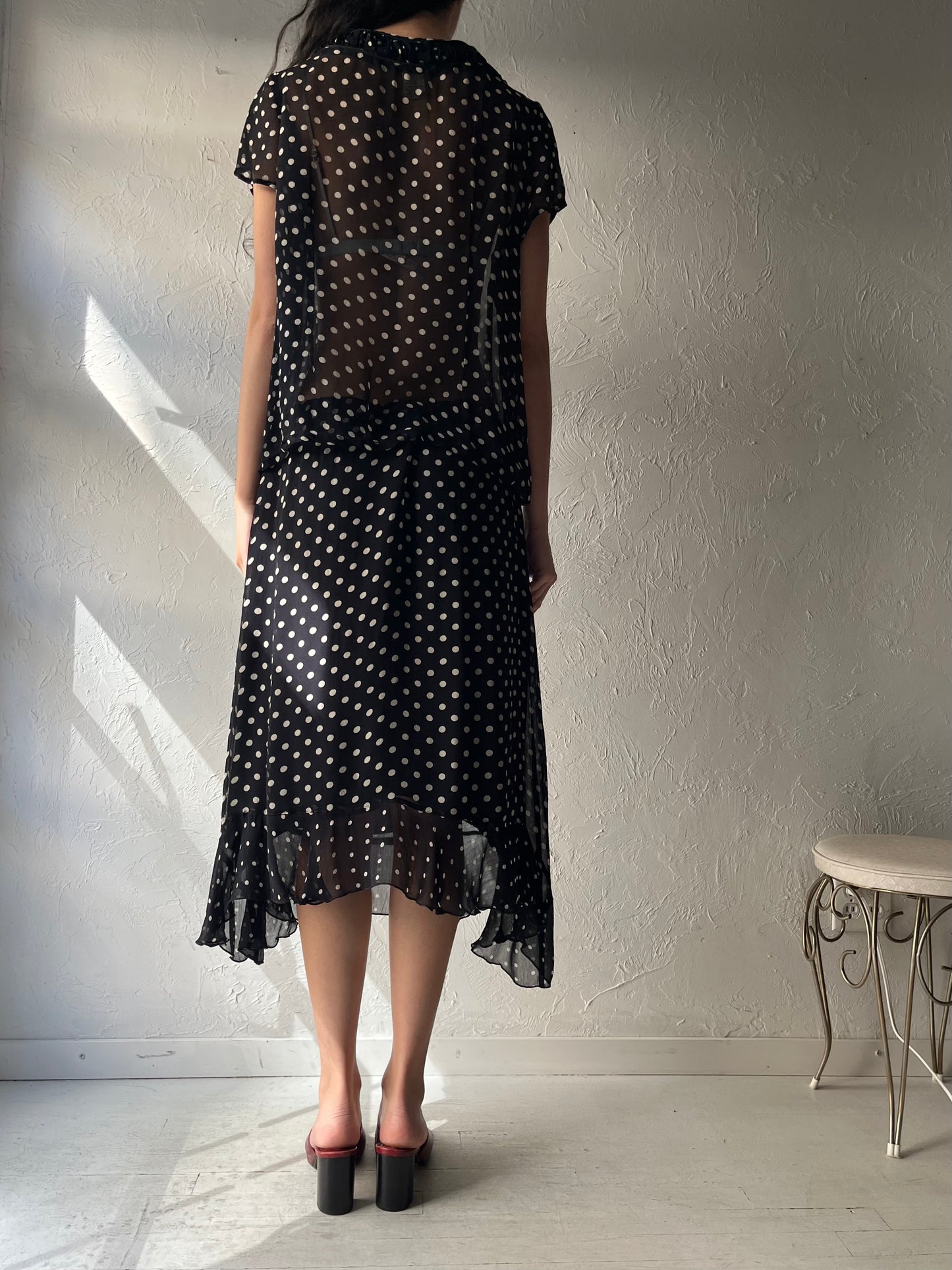 90s 'April Cornell' Polka Dot Rayon Skirt Blouse Set / Large