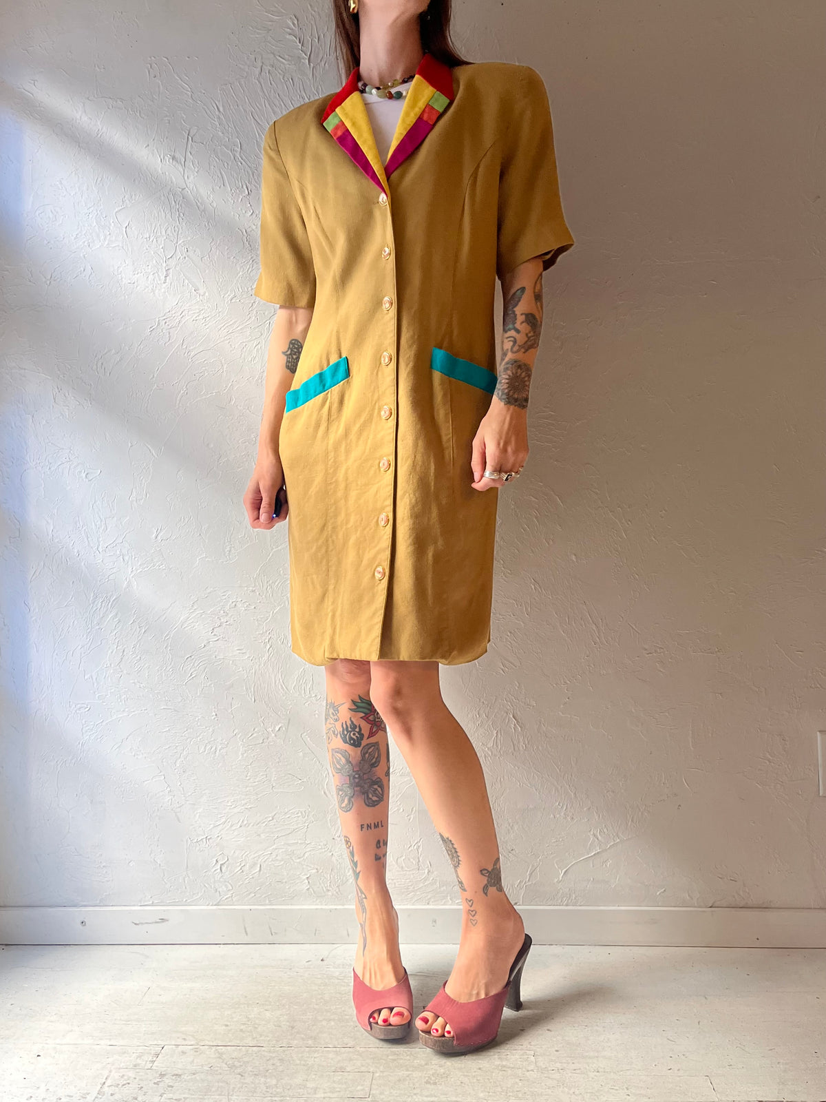 90s ‘Simon Chang’ Mustard Colorblock Mod Artsy Retro Shift  Mini Dress / Medium