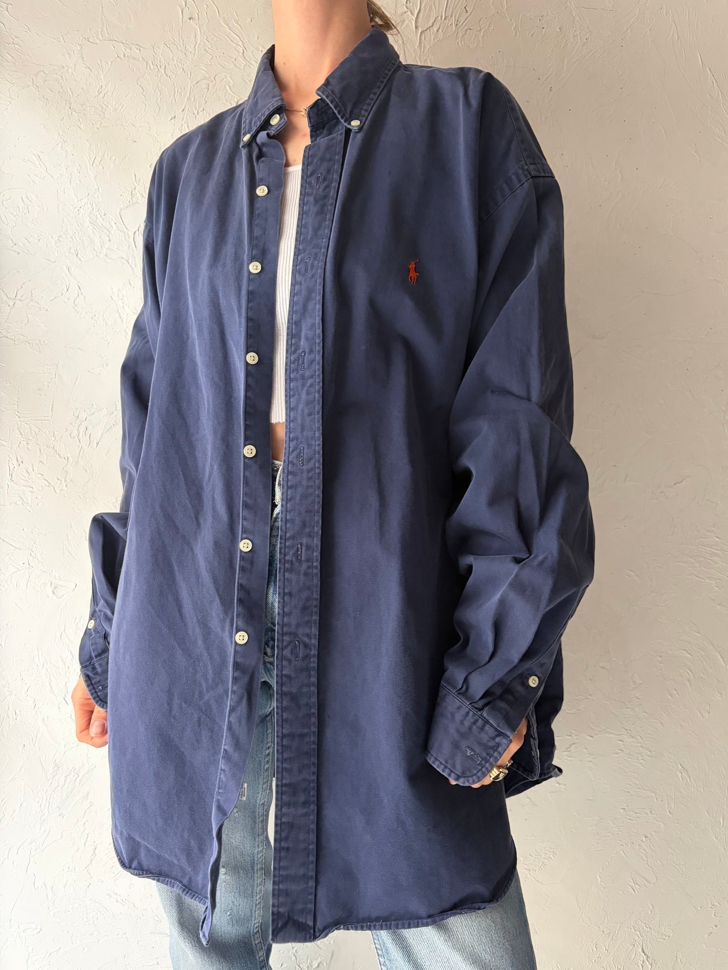 Vintage 'Ralph Lauren' Navy Blue Thick Cotton Shirt / XL