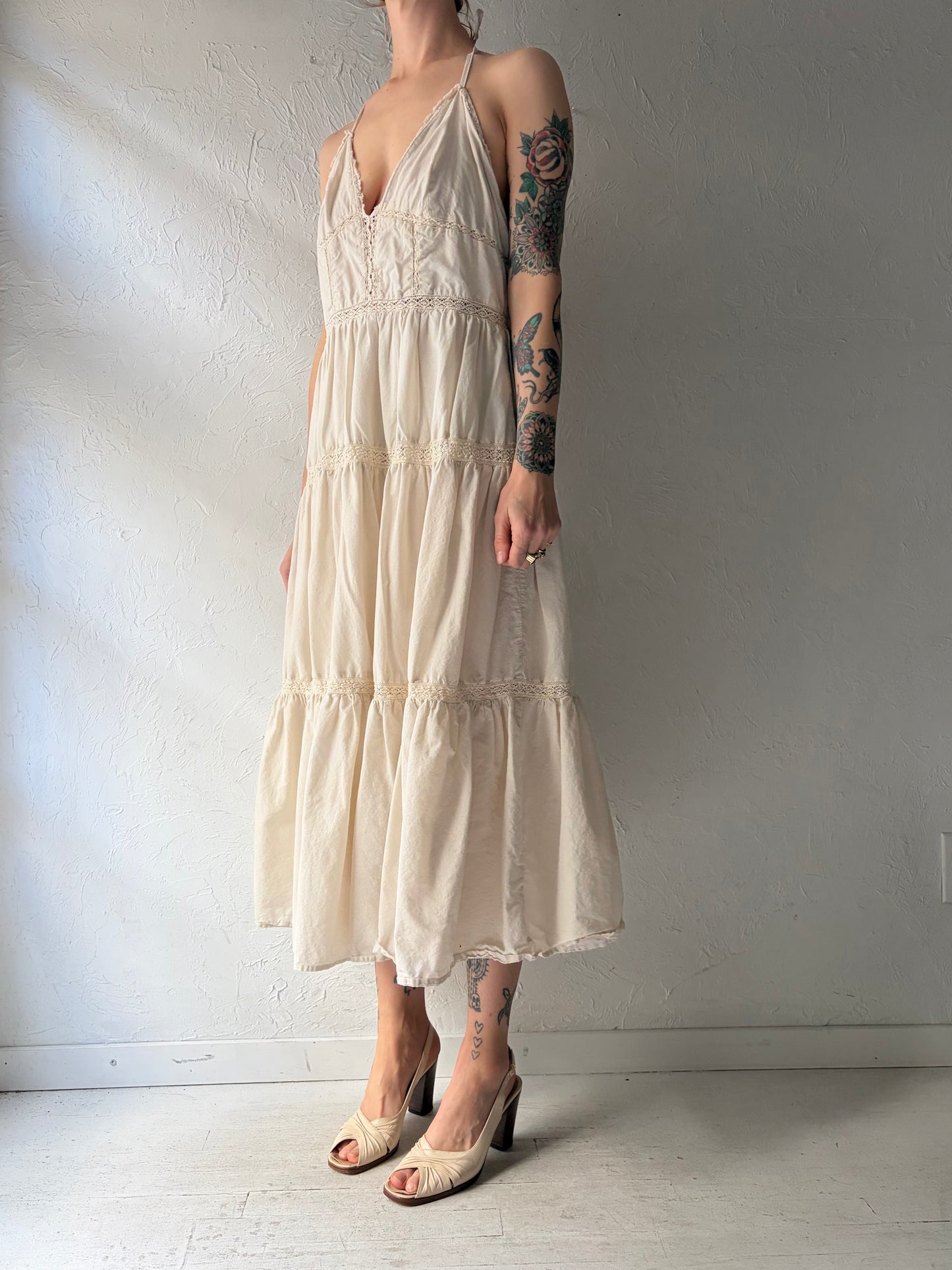 Vintage Cream Cotton Crochet Boho Hippy Dress / Medium