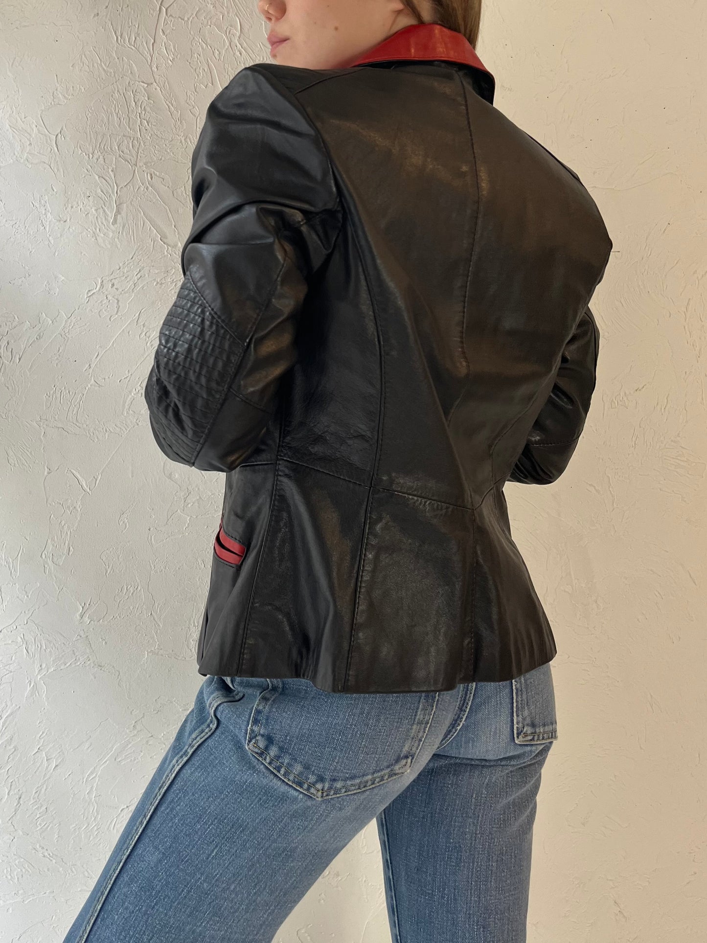 Y2k 'Kondratzky' Black and Red Leather Moto Jacket / Medium