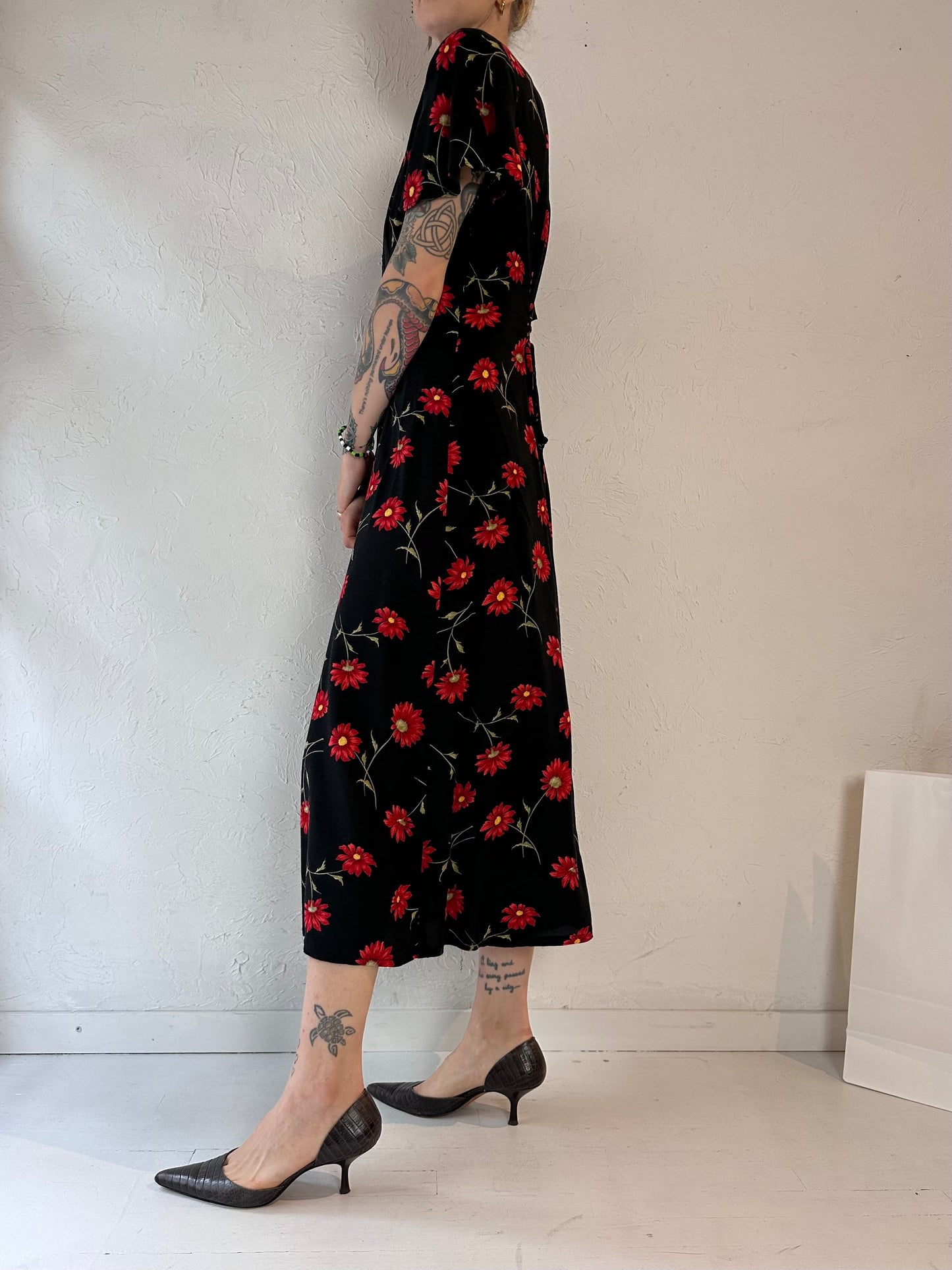 90s 'Jessica' Black Floral Print Rayon Dress / Small - Medium