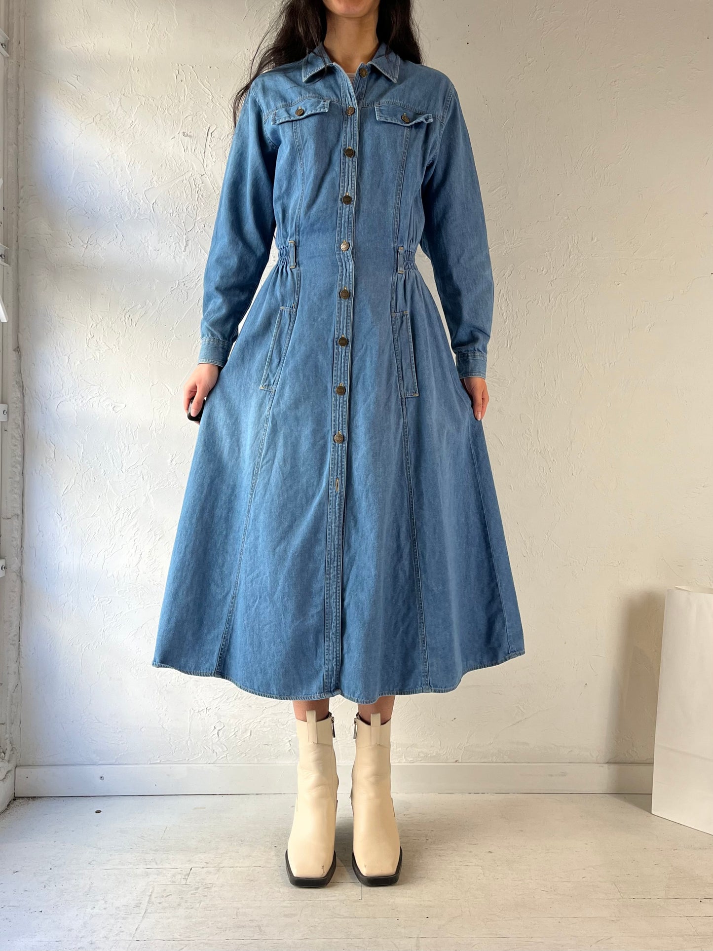 90s ‘SK Wear’ Collared Blue Denim Dress / Medium