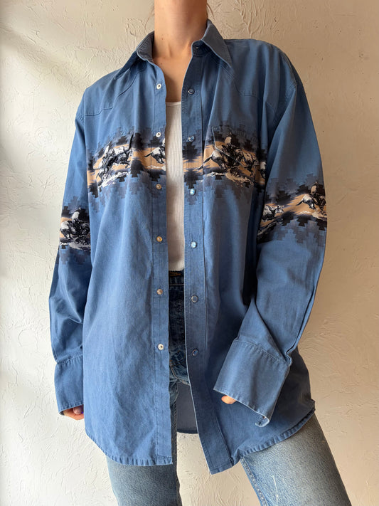90s 'Wrangler' Blue Horse Print Western Snap Up Shirt / Vintage 1990s Cowboy Work Wear Shirt / Large