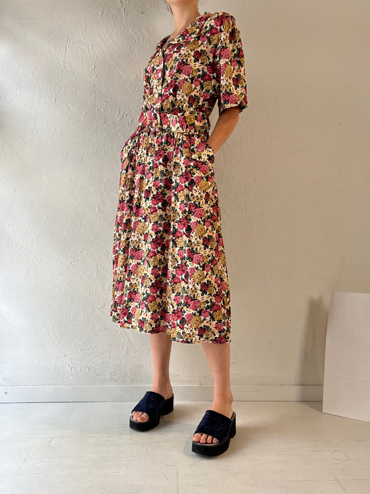 90s 'Rose' Collared Floral Print Dress / Large