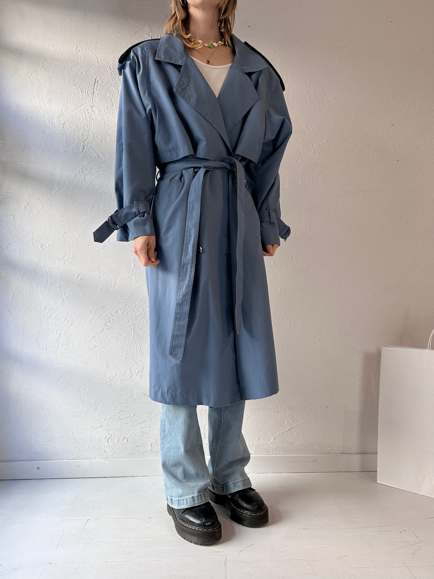 90s 'Collection Elegante' Blue Trench Coat / Large