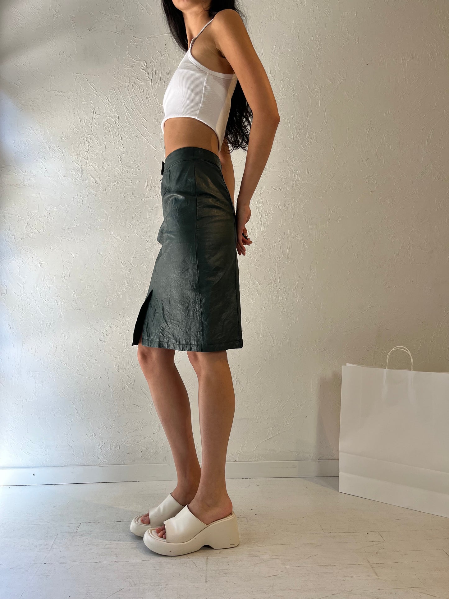 90s 'Cayenne' Green Leather Midi Skirt / Small