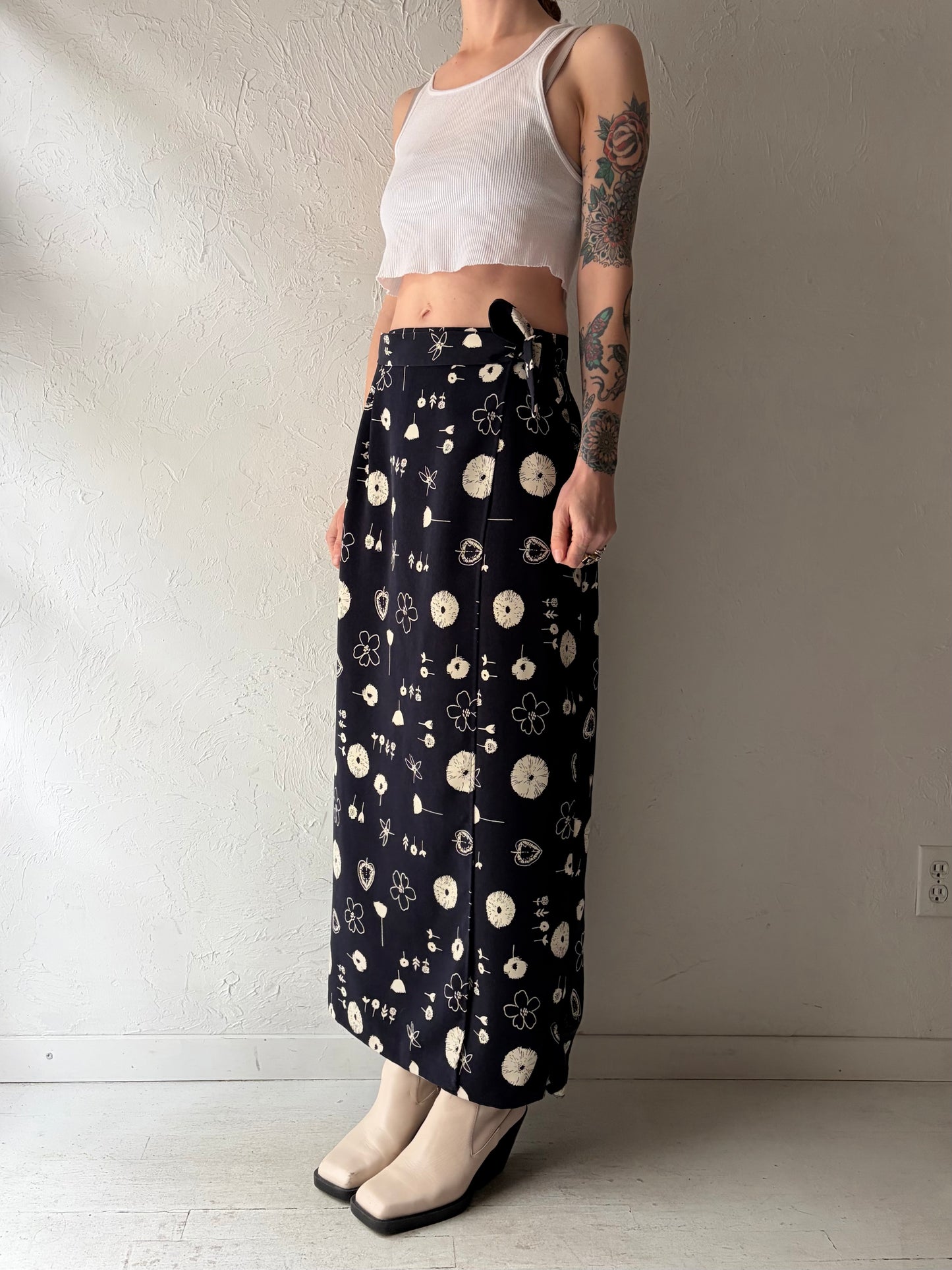 90s 'Beechers Brook' Floral Navy Blue Wrap Maxi Skirt / Small