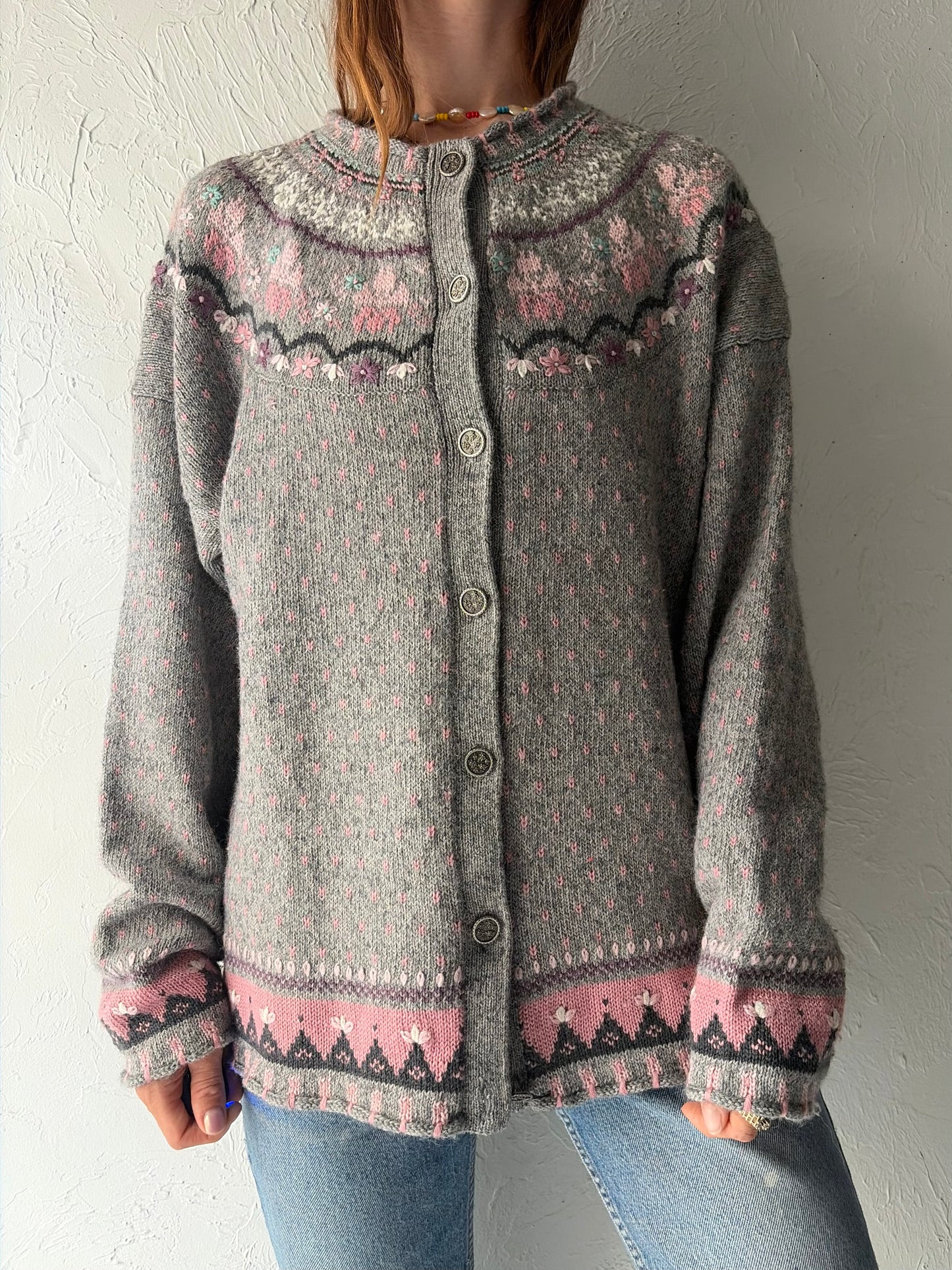 90s 'Northern Reflections' Grey Knit Cottagecore Cardigan Sweater / XL