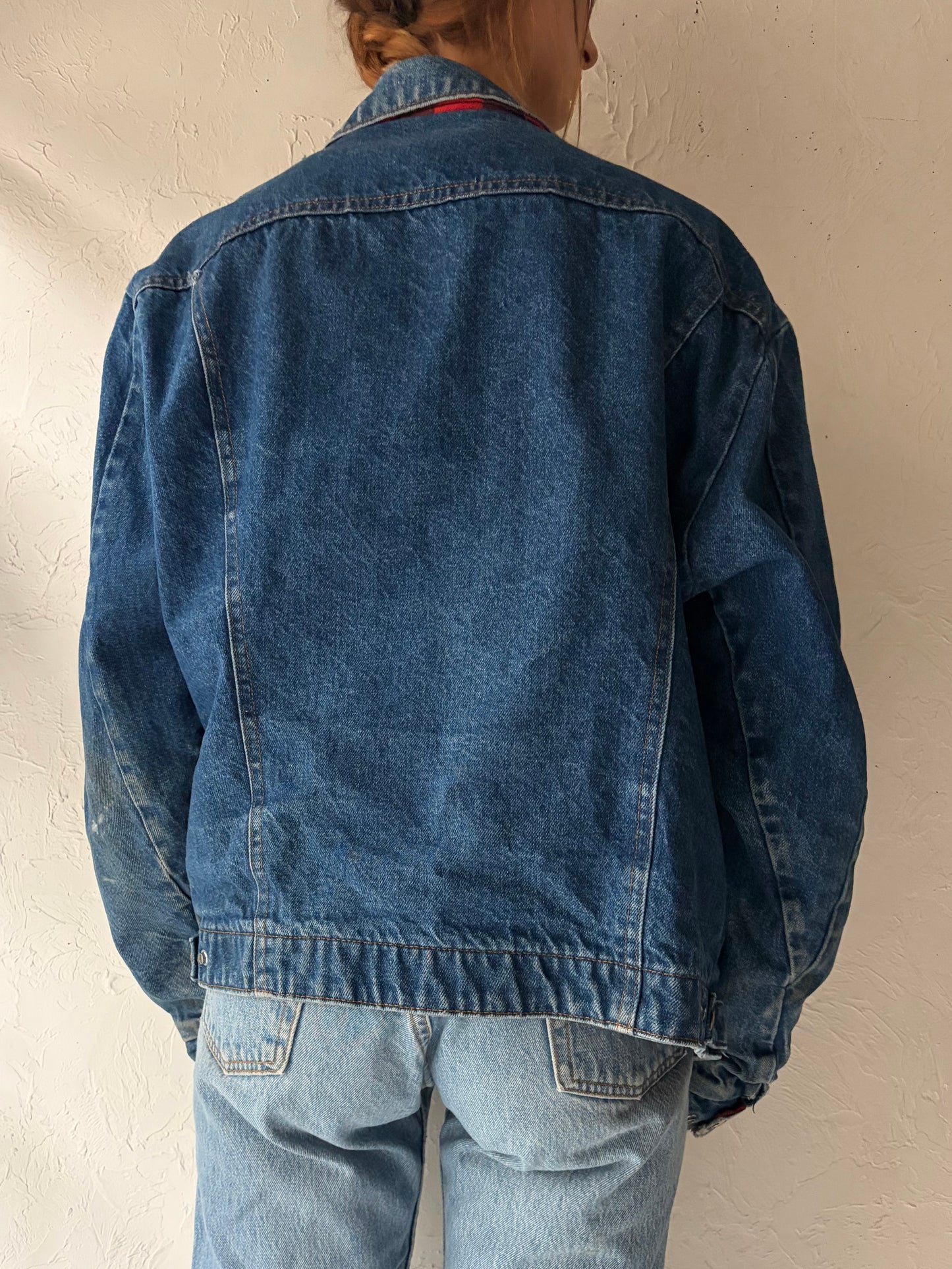 80s ‘Key’ Red Plaid Cotton Lined Denim Jacket / Medium