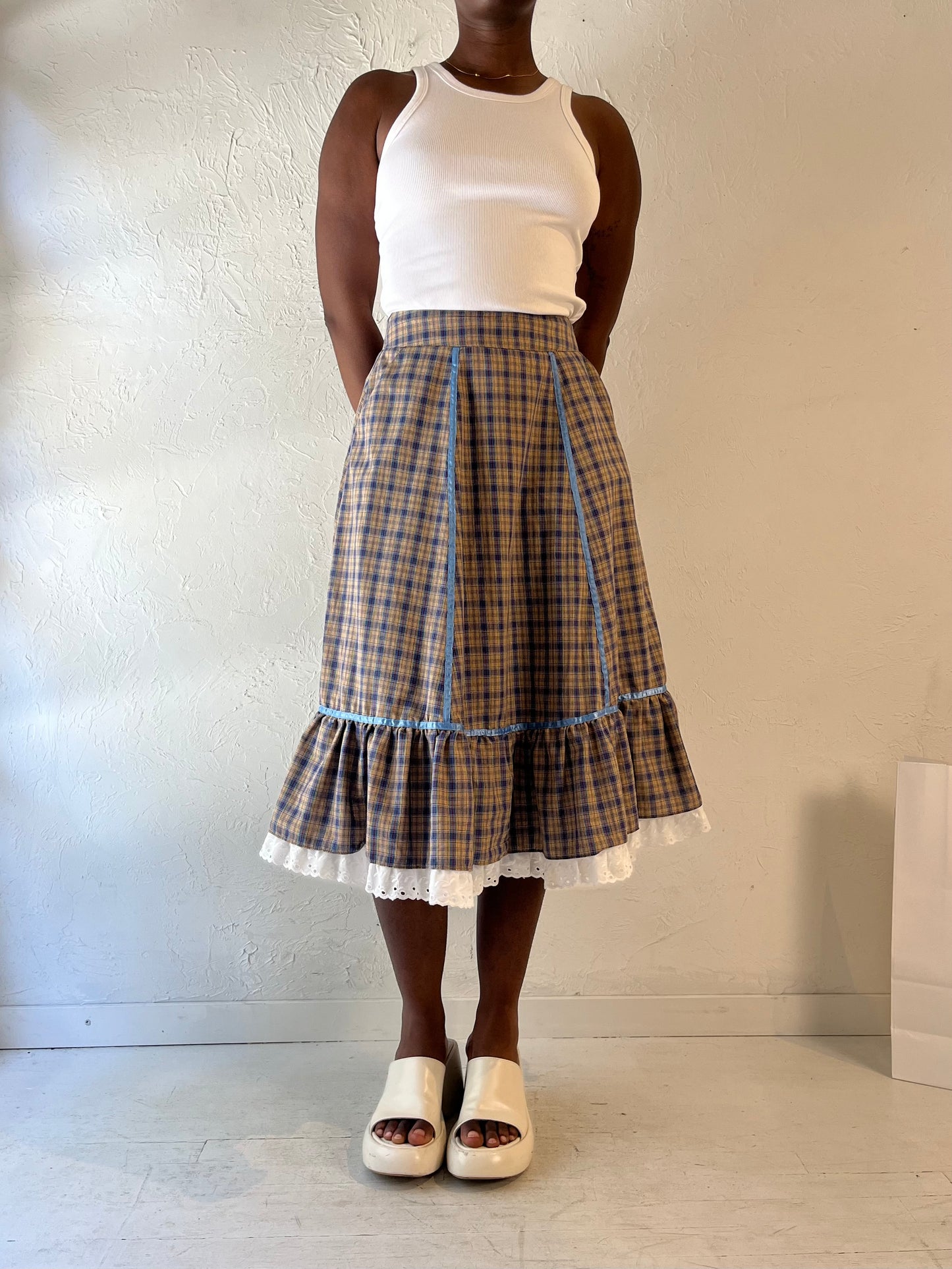 90s 'Stage West' Plaid Western Midi Skirt / Medium