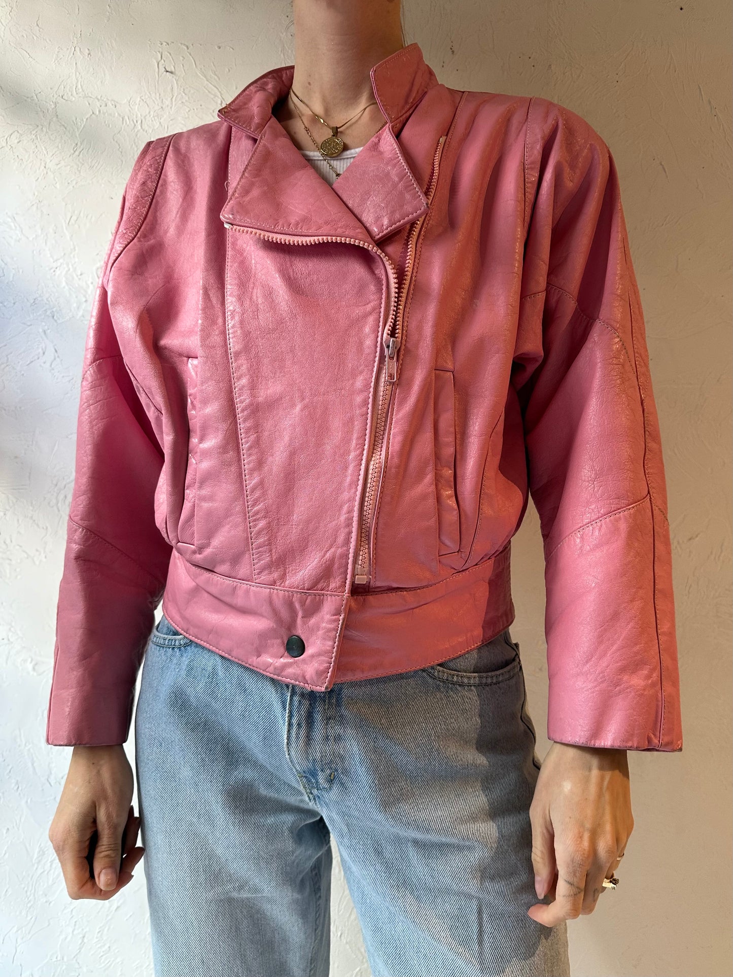 80s 90s 'Champion' Pink Leather Bomber Jacket / Small