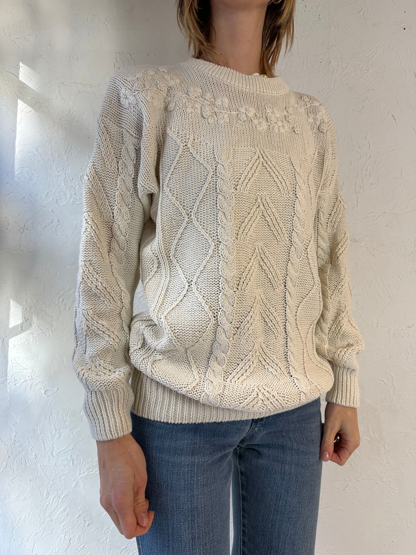 Y2k 'Dana Scott' Cream Cotton Knit Sweater / Medium