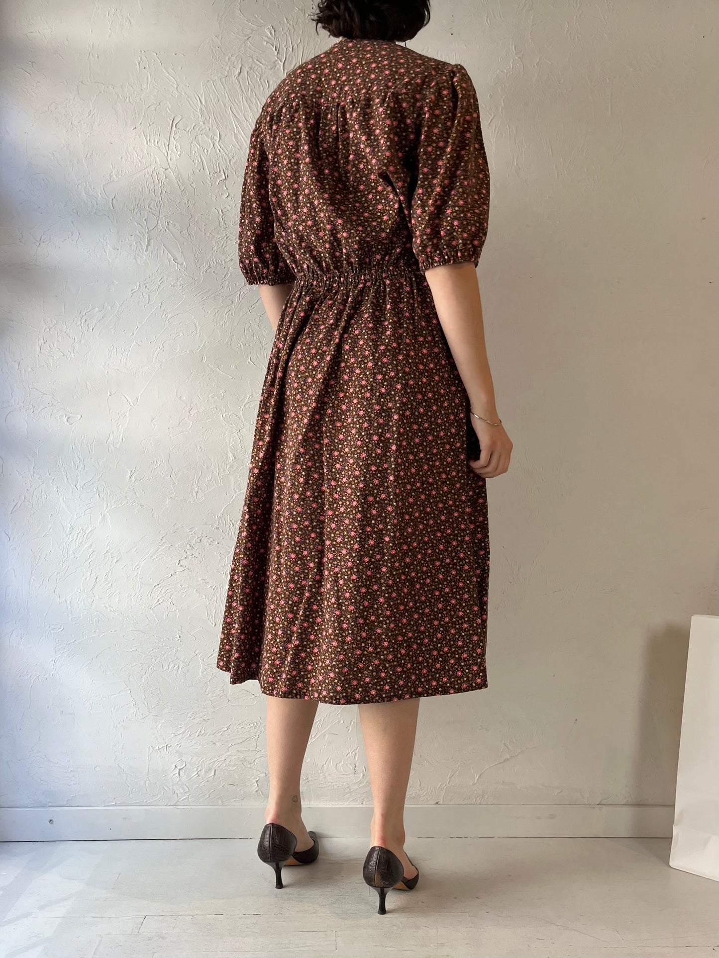 90s Handmade Brown Floral Print Midi Dress / Medium