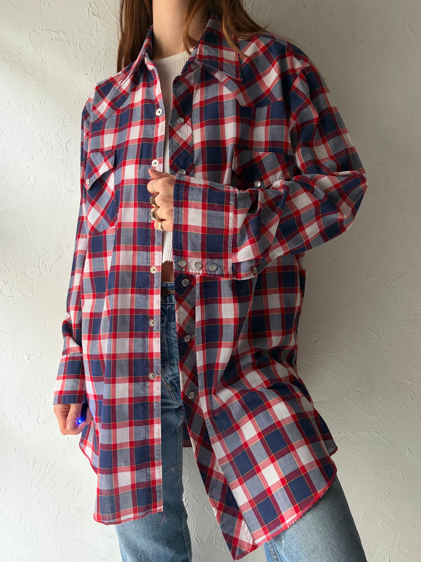 90s 'MWG' Blue Plaid Western Snap Up Shirt / Vintage 1990s Cowboy Workwear Shirt / Large