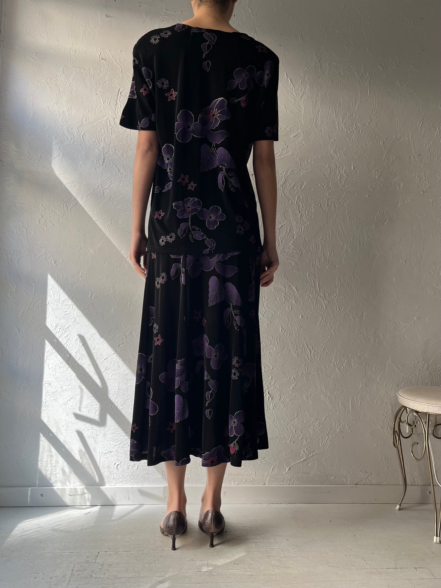 80s 'Jo Star' Black Floral Grunge Top and Skirt Set / Vintage 1980s Reto Two Piece Matching Set / Small