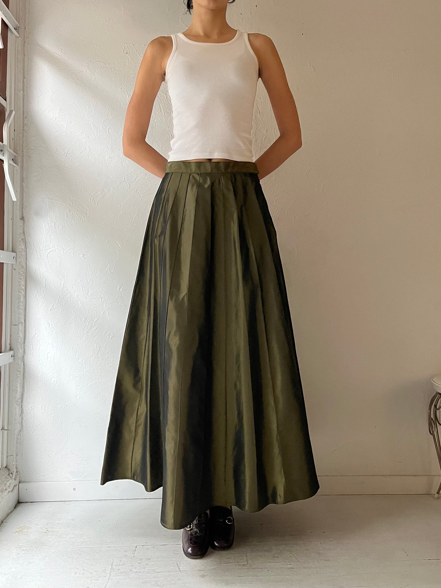 90s 'Nygard' Green Shiny Maxi Skirt / Medium