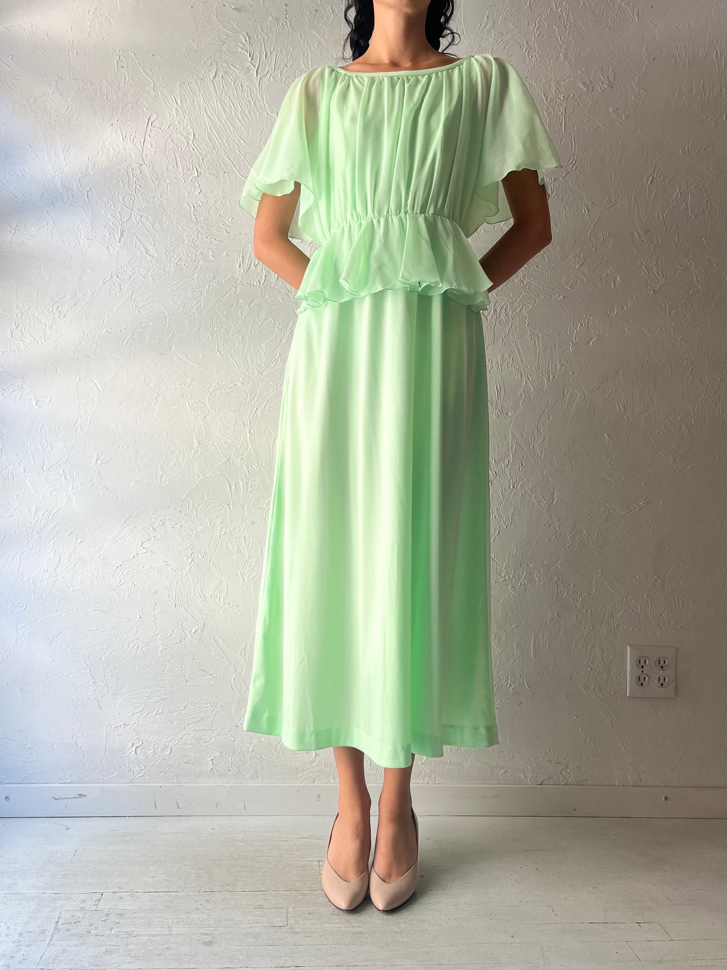 70s 'Nu Mode' Green Formal Dress / Small
