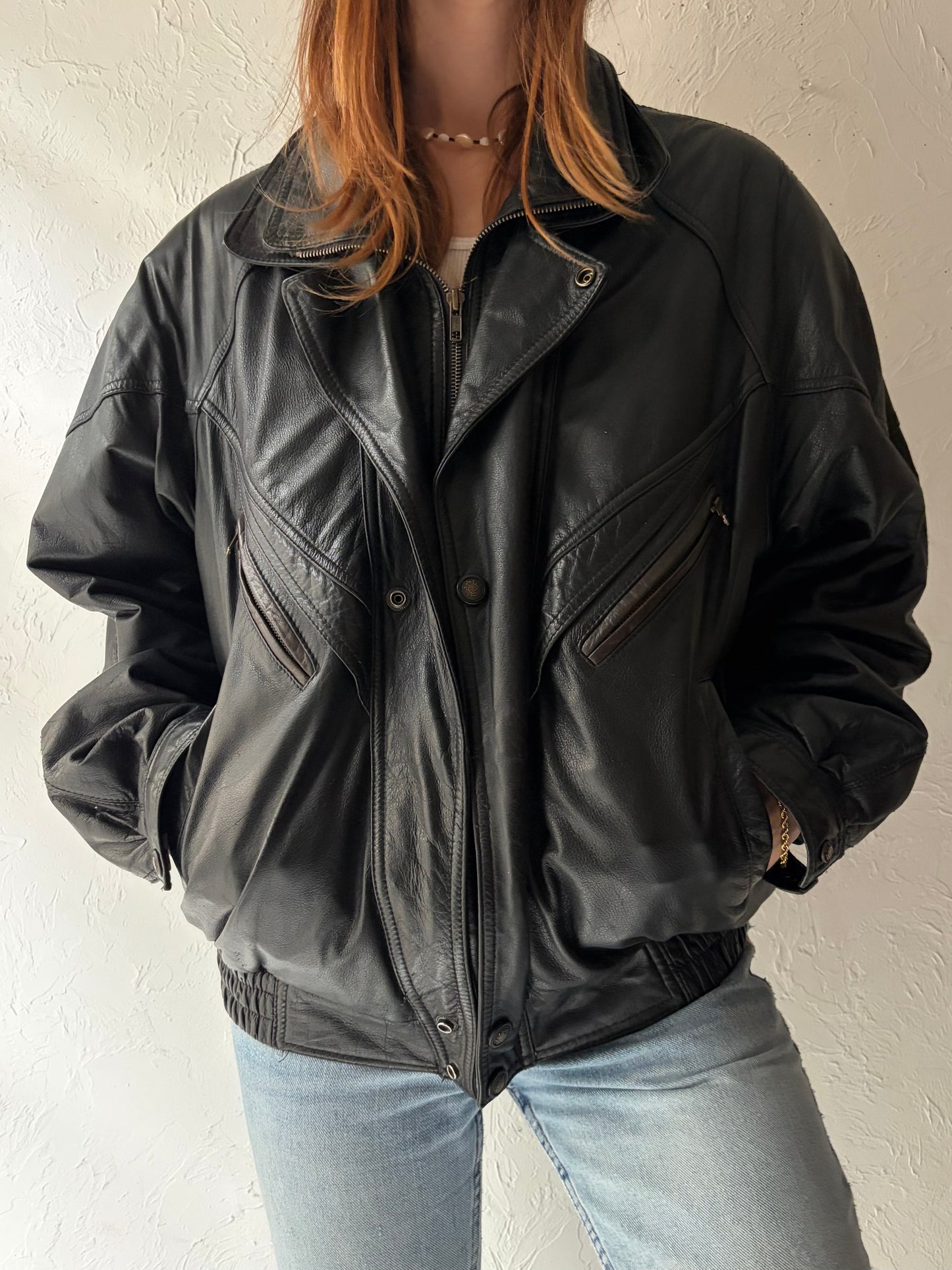 90s Black Leather Bomber Jacket / Large