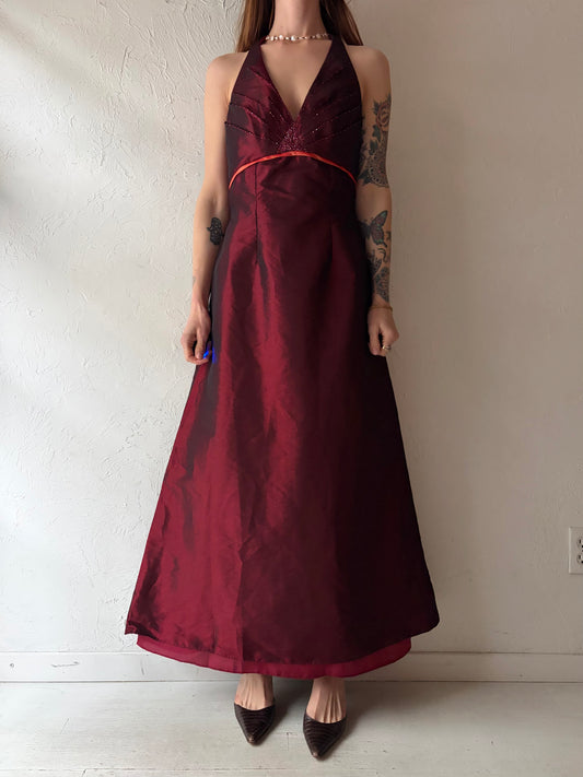 Y2k Vintage Red Metallic Formal Prom Halter Maxi Dress / Medium