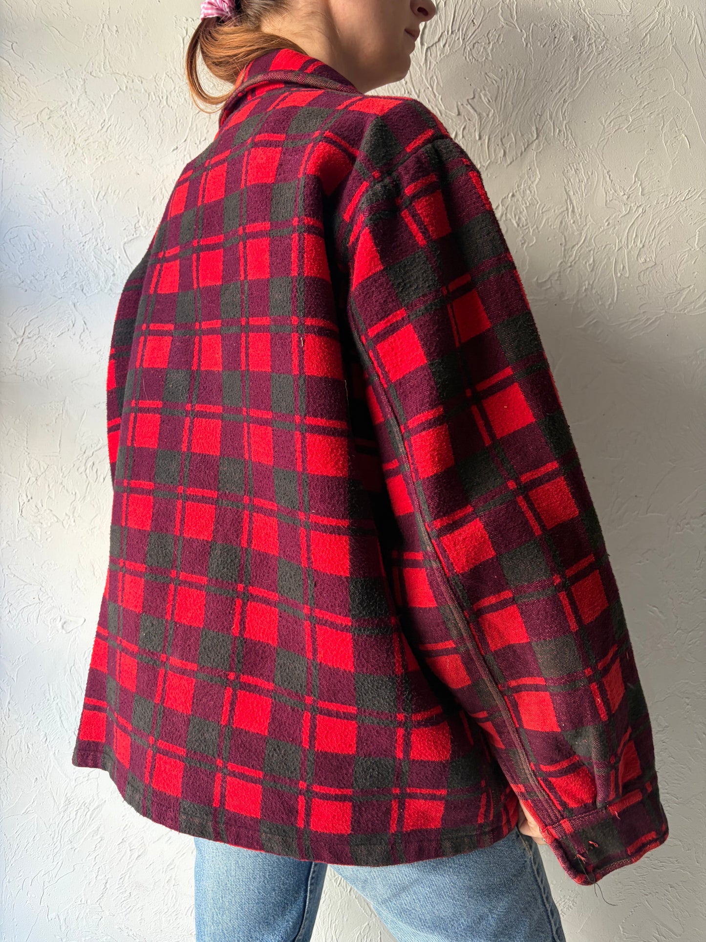 90s 'Champion' Red Trashed Cotton Plaid Oxford / 1990s Work Wear Button Up Shirt / Large