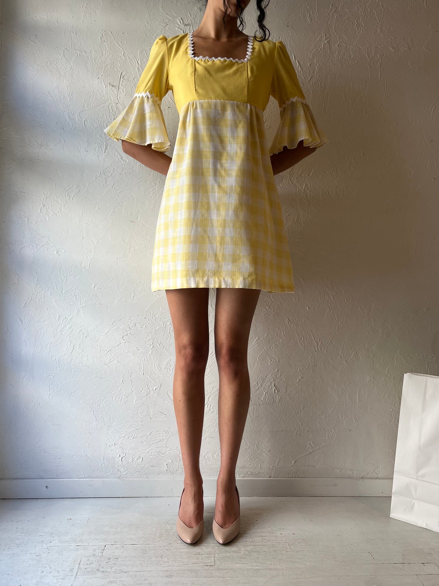 70s Hand Made Yellow Bell Sleeve Mini Dress / Small