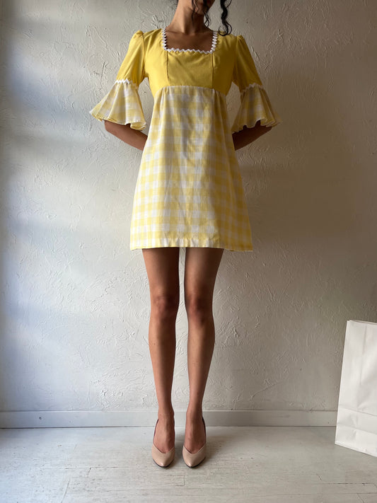 70s Hand Made Yellow Bell Sleeve Mini Dress / Small